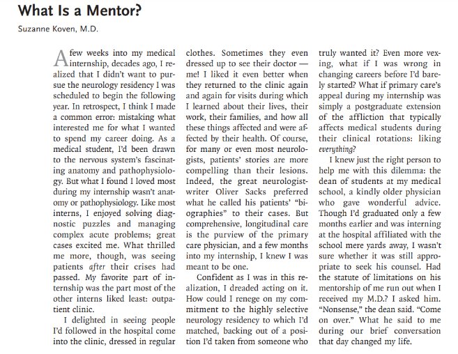 'A mentor is someone who has more imagination about you than you have about yourself' Wonderful reflection on the meaning of mentorship from Dr. Suzanne Koven of @MGHMedicine in @NEJM 👉🏼nejm.org/doi/full/10.10…