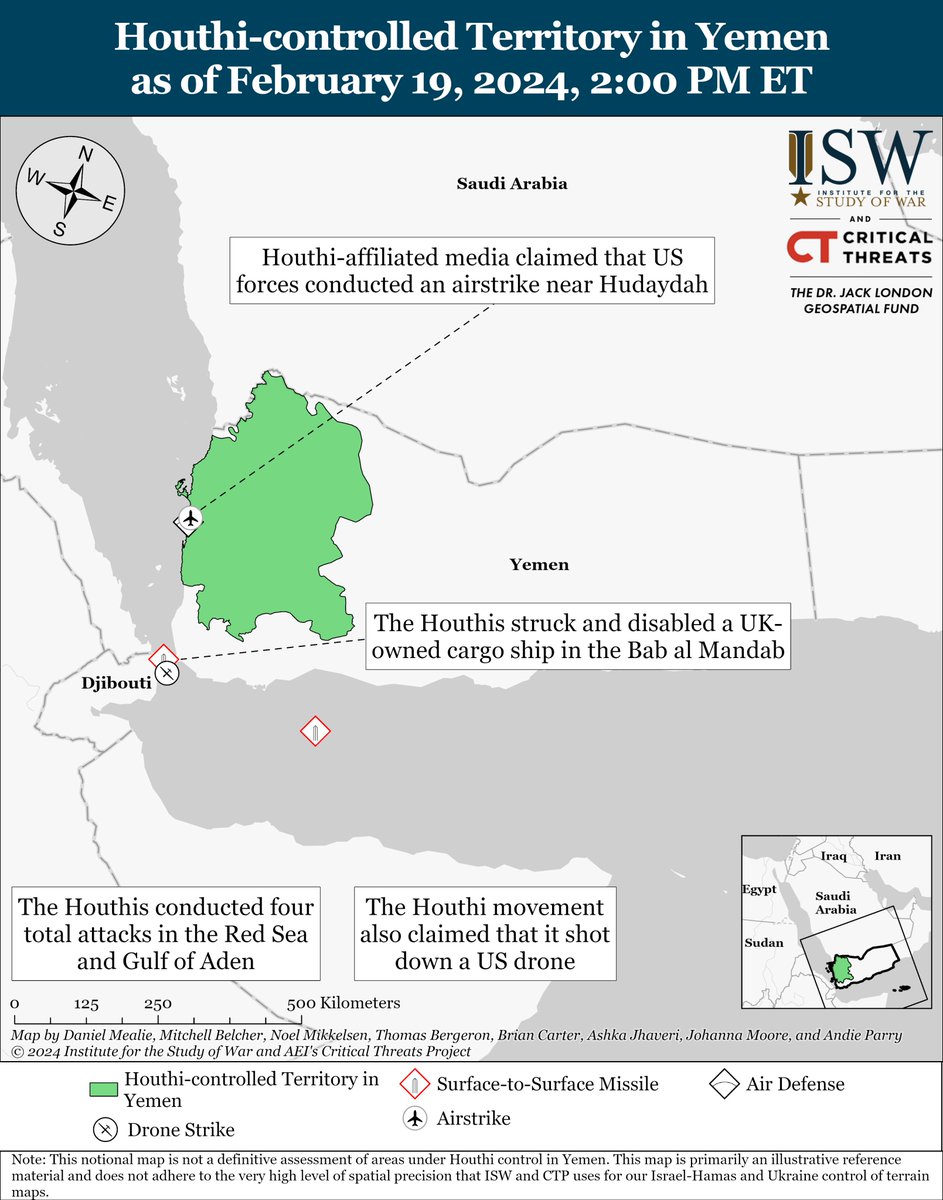 NEW | Israel–Hamas War (Iran) Update, February 19, 2024: The Houthi movement launched an anti-ship ballistic missile that struck and disabled the UK-owned, Belize-flagged Rubymar cargo ship in the Bab al Mandeb strait on February 18. 1/3