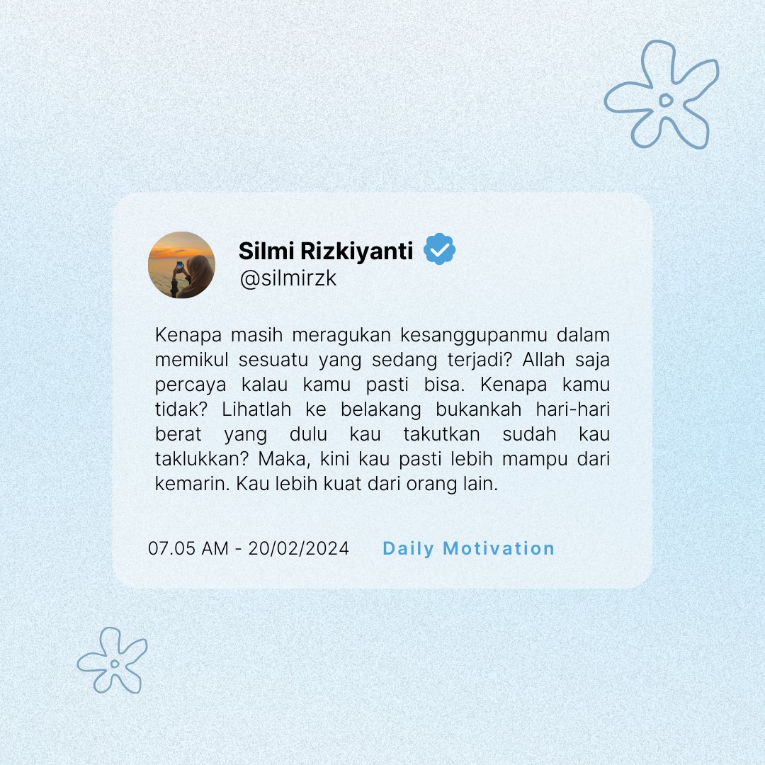 silmirzk's tweet photo. Ujianmu memang berat, tapi percayalah kau pasti kuat dan Allah sedang membentukmu supaya menjadi manusia yang lebih hebat. Allah menitipkan ujian padamu artinya, hanya kamu yang mampu. Orang lain belum tentu sekuat kamu✨ https://t.co/RiiX8omZus
