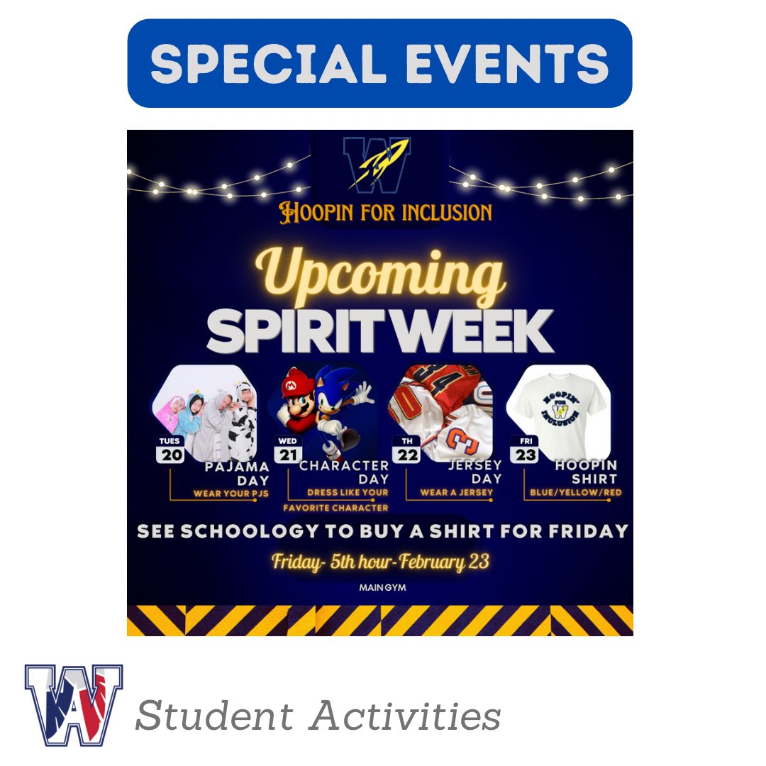 WAactivities's tweet photo. Hoopin 4 Inclusion 🎉SPIRIT WEEK‼️ Tuesday = Pajama Day!! https://t.co/cao0RIxoSP