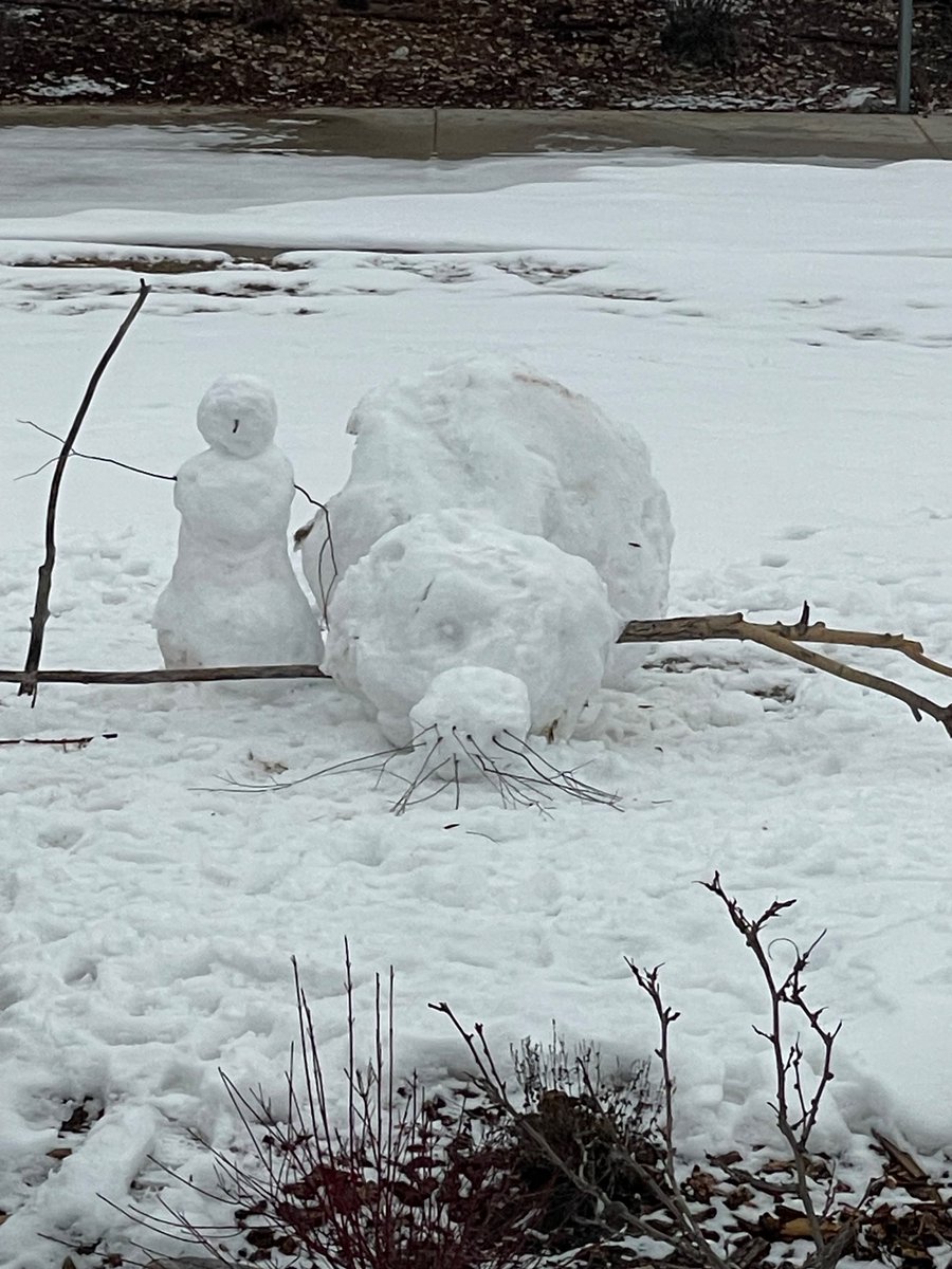 My son started building a snowman, but couldn’t lift the middle and top snowballs, so he improvised. 😂🤣😂