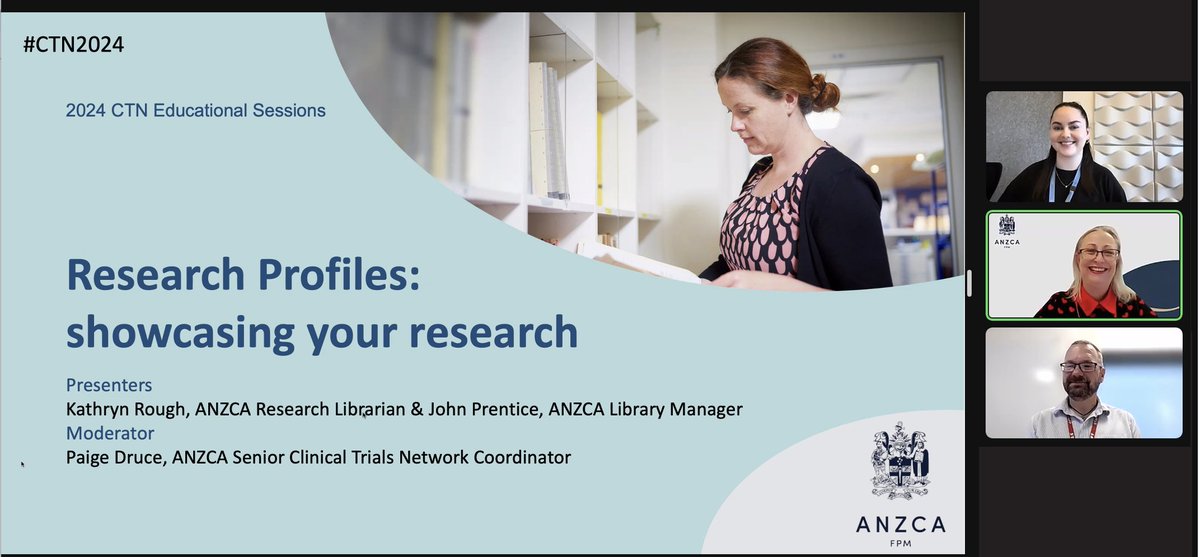 Our first <a href="/ANZCA/">ANZCA</a> CTN educational session for the year is underway. John Prentice &amp; Kathryn Rough from
<a href="/ANZCA/">ANZCA</a> Library, and <a href="/PaigeDruce/">Paige Druce</a> from <a href="/ctn_anzca/">ANZCA Clinical Trials Network</a> are discussing how you can build your research profile with 40 delegates across our network.  #CTN2024