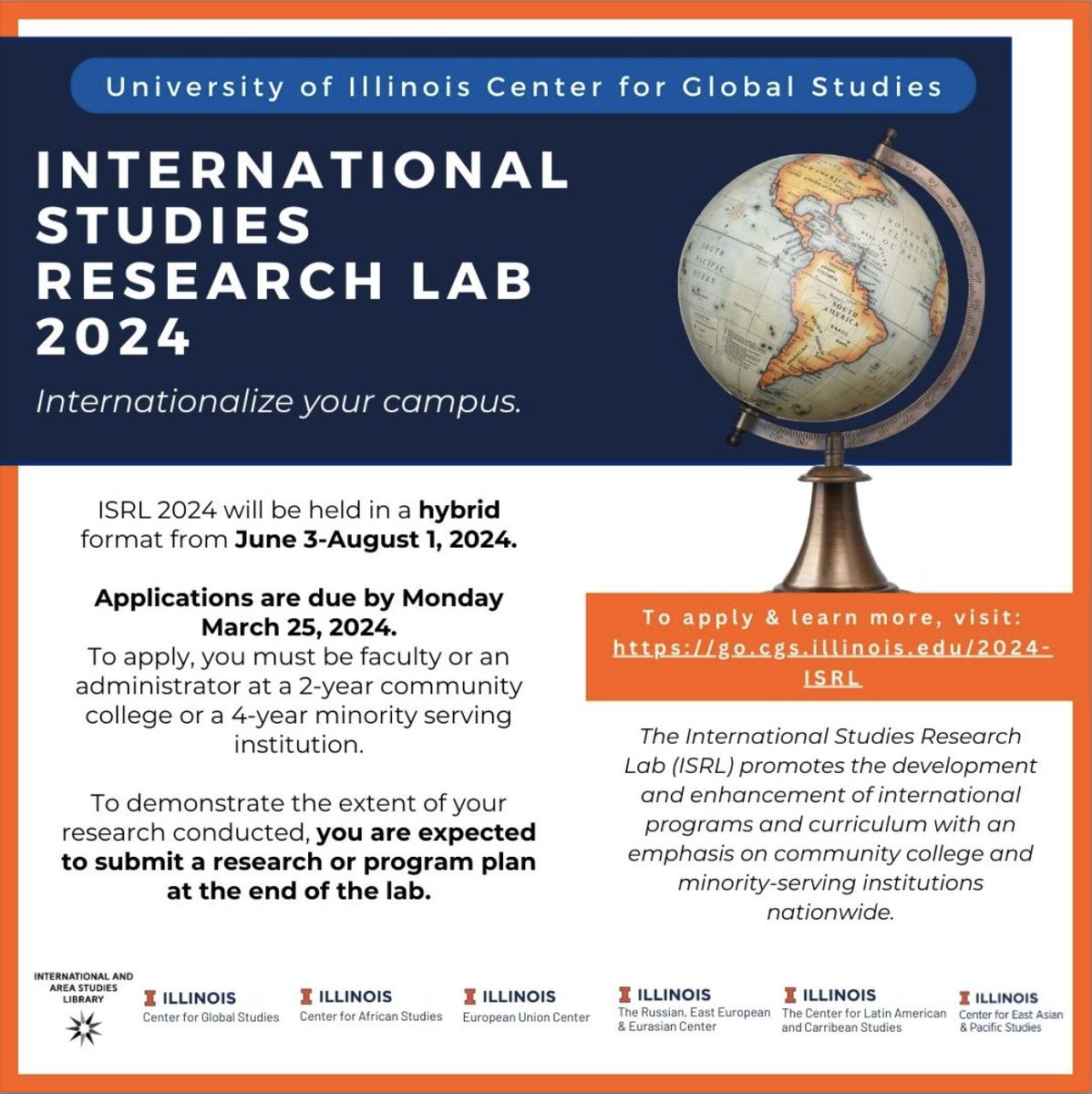 Looking for an opportunity to expand on the development and enhancement of international programs and curriculums? Apply for the International Studies Research Lab, applications are due Monday, March 25th! cgs.illinois.edu/initatives/int…