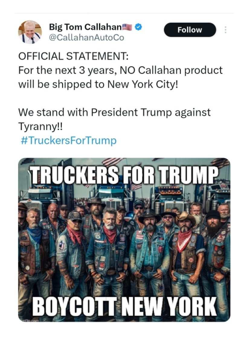 JeffDunnNOVA's tweet photo. DEMOCRACTS: ** PLEASE READ ** Win/Win proposal. Tom Callahan has vowed not to ship products to NYC in support of Trump. Let's help Tom out. Don't buy ANY products from Callahan Auto Parts for the next three years. Tom wants to help. Let him help bigly.
👍🏻RT if you agree. https://t.co/NVBs2vtlvY