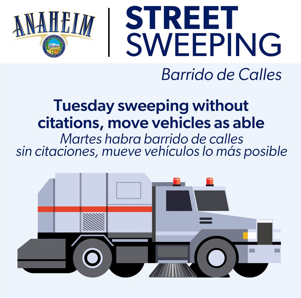 Tuesday sweeping is on without citations. Sweeping in rain keeps pollution from the ocean. Thanks for moving vehicles as you can. El barrido de calles del martes continúa sin citaciones. Barrer las calles evita la contaminación del océano. Gracias por mover sus vehículos.