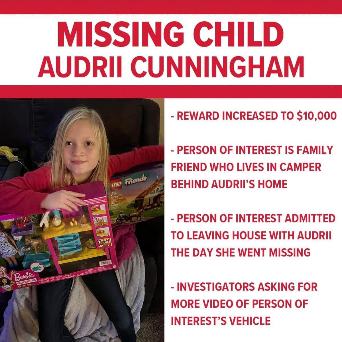 MISSING CHILD

11 year old Audrii Cunningham of Polk County Texas was last seen around 7:00 AM, on Thursday, in the 100 block of Lakeside Drive area

Don Steven McDougal is main person of interest & lived in a trailer behind the house. He is in custody

#AudriiCunningham