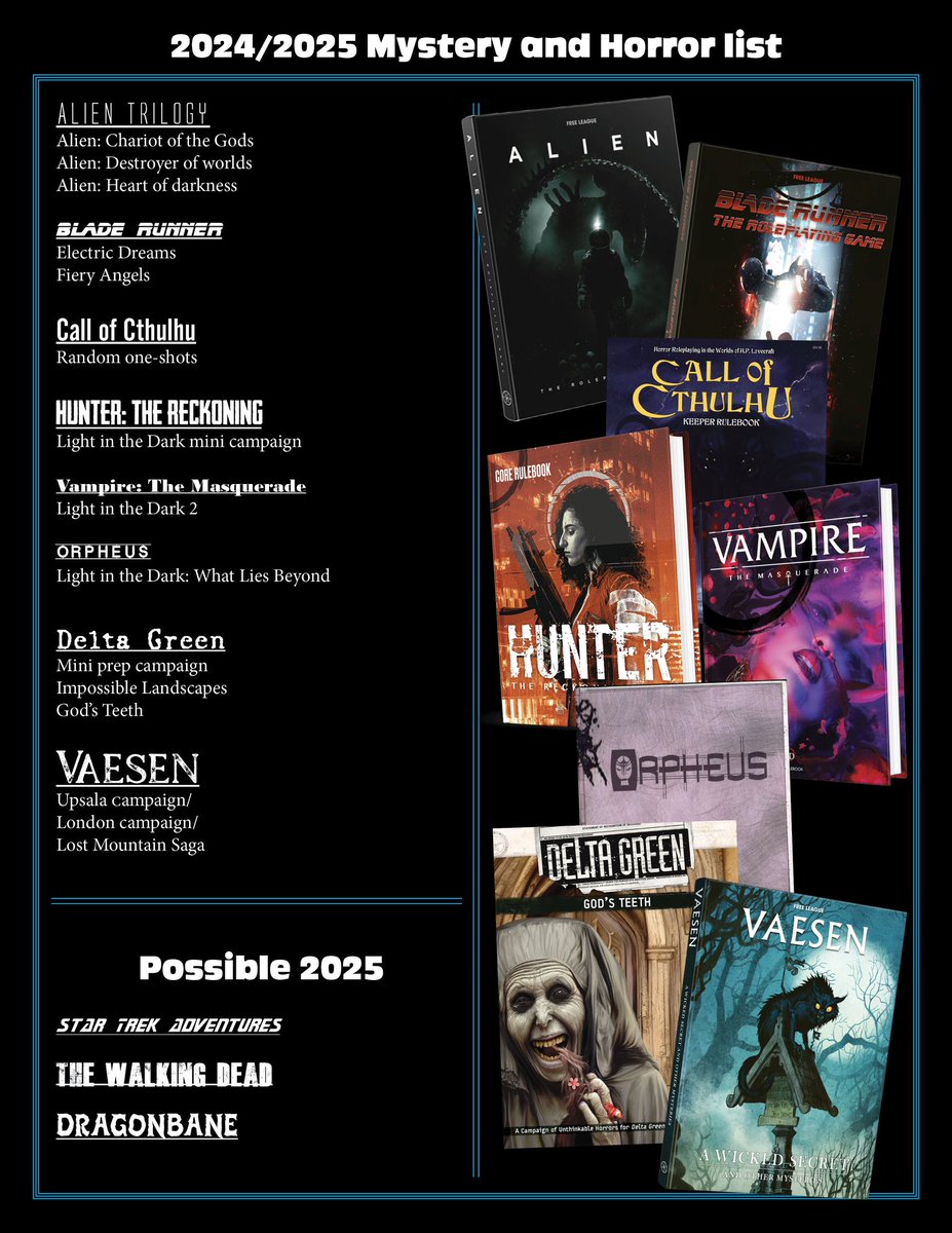 GamingGeekSt's tweet image. Here’s a look at our 2024/2025 lineup 
#alienrpg #bladerunner #callofcthulhu #hunterthereckoning #vampirethemasquerade #vaesen #deltagreen @worldofdarkness @ArcDreamLLC @FreeLeaguePub @Chaosium_Inc