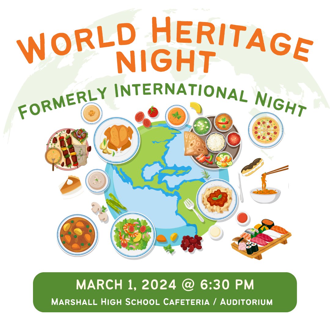 World Heritage Night, is coming soon! Come enjoy this exciting FREE community event featuring delicious international/national cuisine, cultural performances, and cultural activities! Sign up to bring a dish from your country or family favorite.
signupgenius.com/.../30E0D4BA8A…...