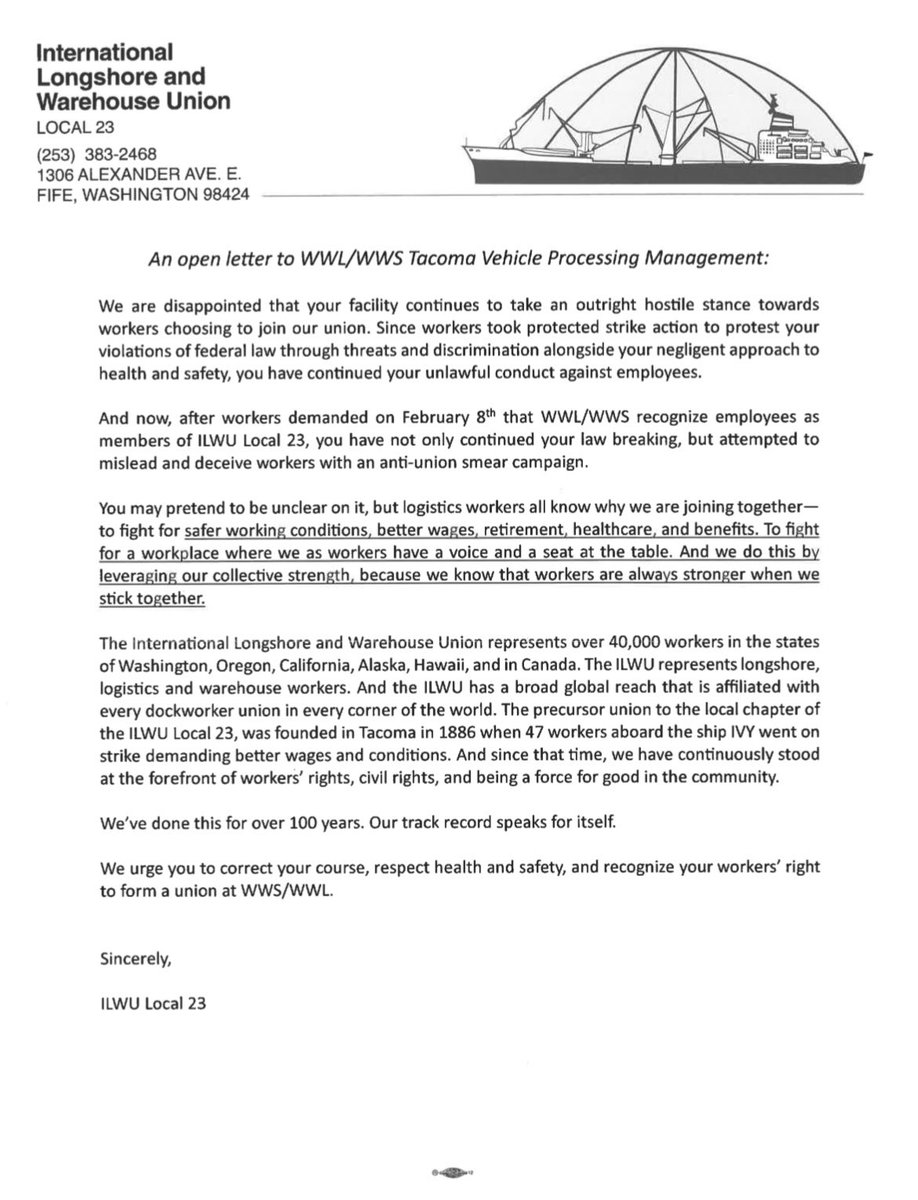 An open letter to WWL/WWS Tacoma Vehicle Processing Management:   We are disappointed that your facility continues to take an outright hostile stance towards workers choosing to join our union.
