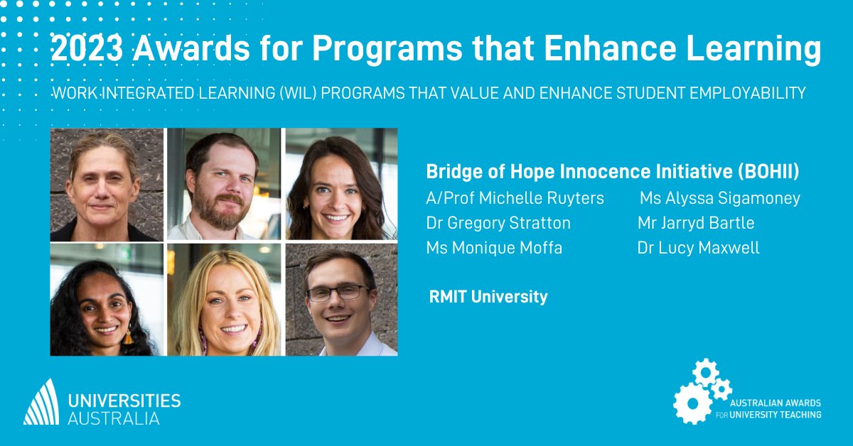 Congratulations to the Bridge of Hope Innocence Initiative @BOHInnocence team from @RMIT for winning a 2023 #AAUT Award for Programs that Enhance Learning! 👏