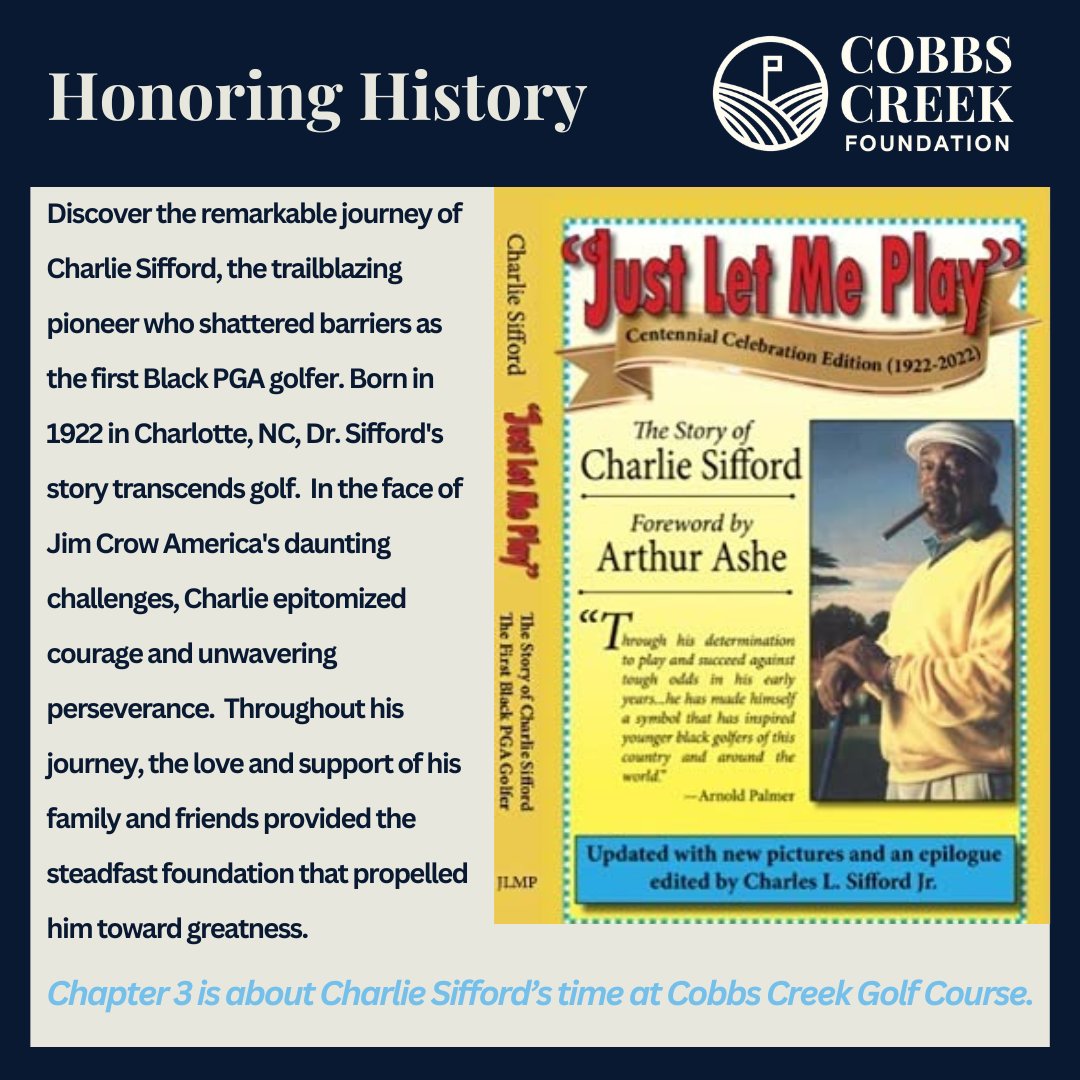 cobbscreekfnd's tweet photo. Charlie Sifford's profound impact on the world of golf resonates deeply, especially at Cobbs Creek, which held a special place in his heart as his home course. As we reflect on his remarkable journey, we recognize Cobbs Creek as more than just a venue for golf—it's a symbol of resilience and triumph over adversity. Sifford's presence at Cobbs Creek echoed his unwavering commitment to the game despite the barriers he faced during the Jim Crow era. His victories not only showcased his exceptional talent but also stood as a testament to his courage in confronting racial segregation head-on.

Today, Cobbs Creek Foundation strives to stand as a living legacy to Sifford's trailblazing spirit, a place where his remarkable story continues to inspire future generations of golfers and serves as a beacon of hope for all who strive to overcome obstacles and pursue their dreams.

'Changing the Course' by Peter May can be found here: https://t.co/hE0Bu8623m

'Just Let Me Play' by Charlie Sifford can be found here: https://t.co/2y6xlcjMCK