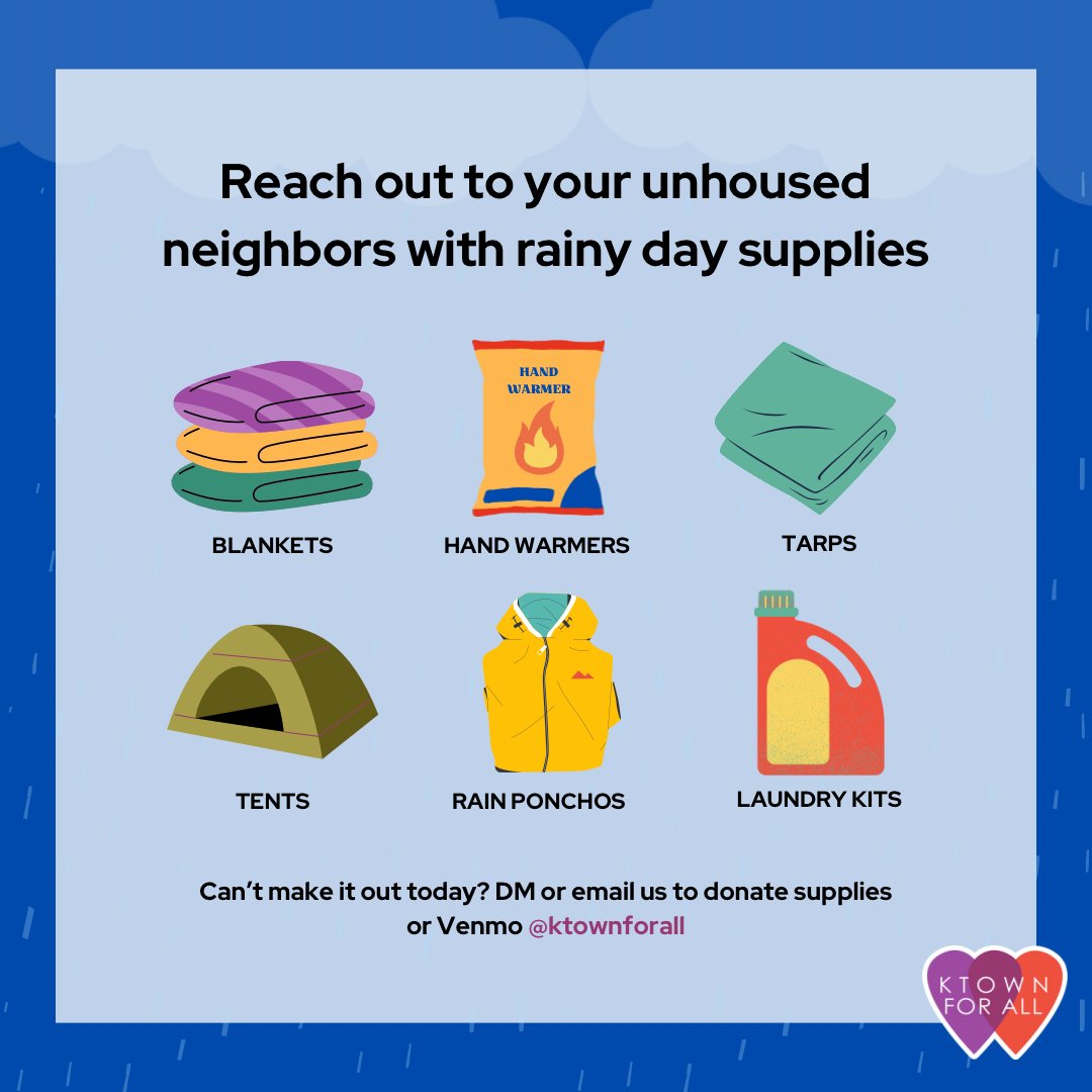 Help your unhoused neighbors however you can - by giving a blanket or by buying them a meal so they don't have to leave their tent and get wet. Laundry kits with quarters are also very helpful so they can dry their wet clothes. Every small bit of help can save a life. 💜❤️