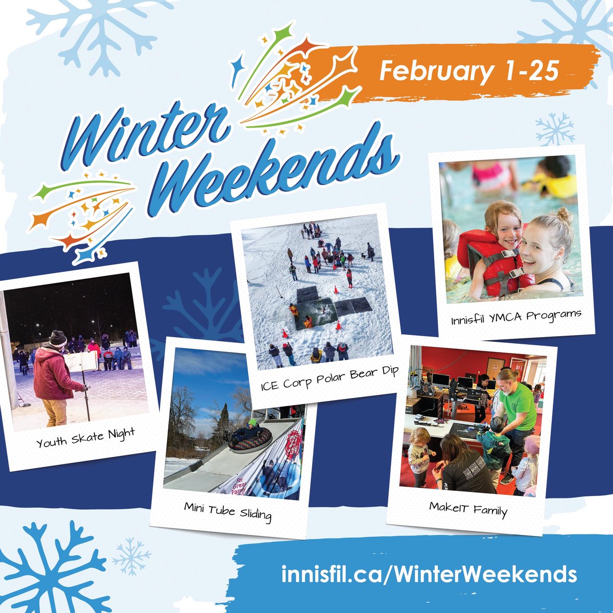 townofinnisfil's tweet photo. The final week of #WinterWeekends is here ❄️ Don’t miss free drop-in programs at the @InnisfilideaLAB &amp; Innisfil YMCA plus special events: 

➡️ Youth Skate Night on Feb 20
➡️ Mini Tube Sliding on Feb 24
➡️ ICE Corp’s Innisfil Polar Bear Dip on Feb 24

https://t.co/C8xArlZvw5 https://t.co/KGA98Noxl4
