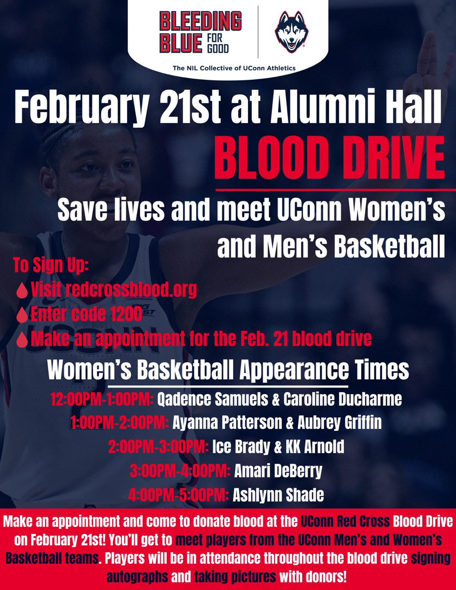 “SIGN UP TO DONATE BLOOD AND SAVE LIVES WITH US ON WEDNESDAY. We’ll be signing autographs and taking pictures with all blood donors throughout the day! We need all UConn fans!”❤️