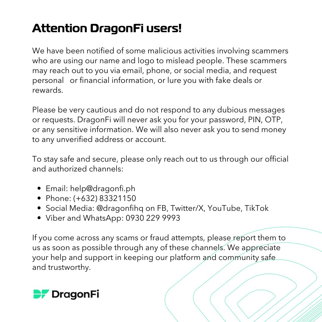 DragonFiHQ's tweet photo. Attention DragonFi users!

We have been notified of some malicious activities involving scammers who are using our name and logo to mislead people. Please be very cautious and do not respond to any dubious messages or requests. 
#DragonFi #InvestAmbitiously https://t.co/GRnl3pkTl4