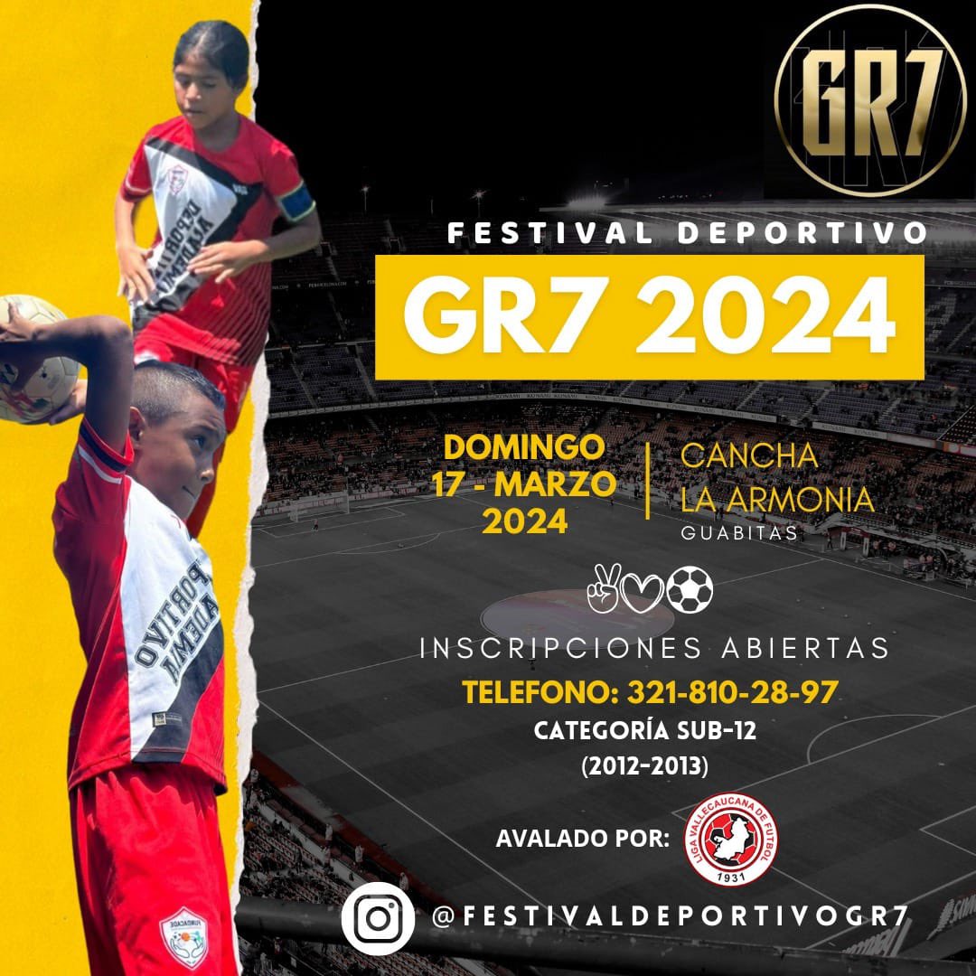 Se llegó el momento quiero invitarte a este gran FESTIVAL DEPORTIVO GR7 este domingo 17 de marzo del 2024 pasaremos una maravillosa mañana de mucho futbol,con muchos premios para todos nuestros deportistas👌⚽️😍 te esperamos no faltes