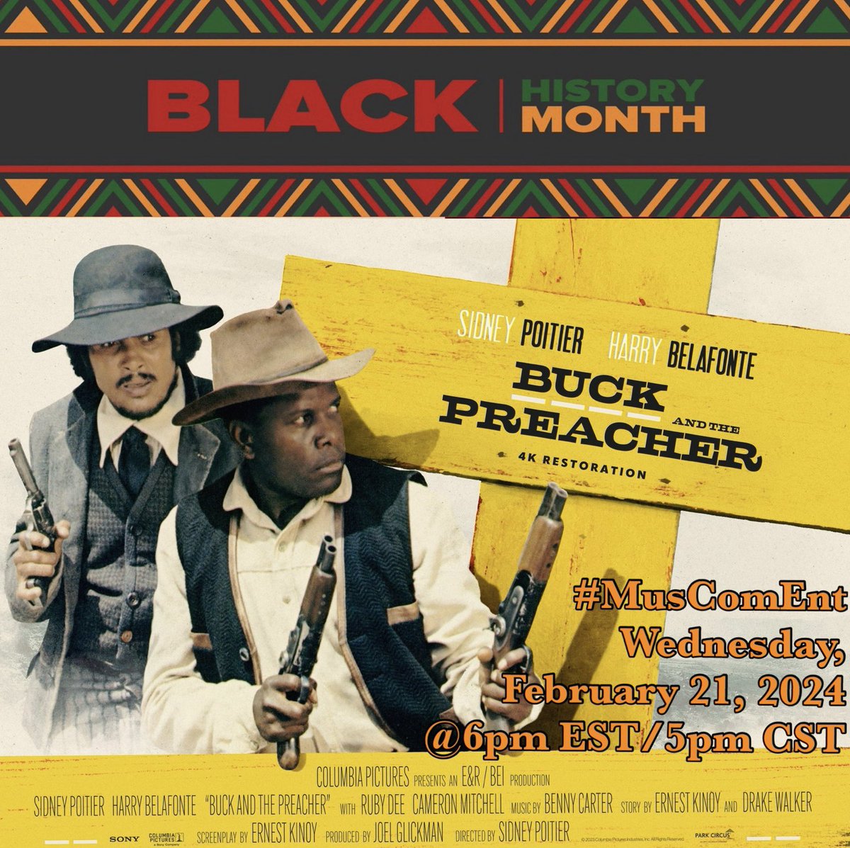 analgesicsleep's tweet photo. Join me Wednesday @ 6pm EST/5pm CST when #MusComEnt continues to celebrate #BlackHistoryMonth with Sidney Poitier’s directorial debut “Buck and The Preacher” (19712) Available for free here (https://t.co/5SNKrvzDjh)
(2/4) https://t.co/7jp9Tb7JPB