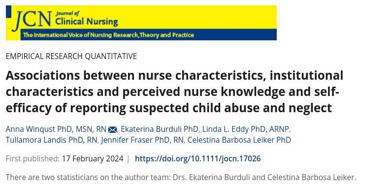 Associations between nurse characteristics, institutional characteristics and perceived nurse knowledge and self-efficacy of reporting suspected child abuse and neglect. New empirical quantitative #research Anna Winqust, Ekaterina Burduli, et al buff.ly/3V2Zncn