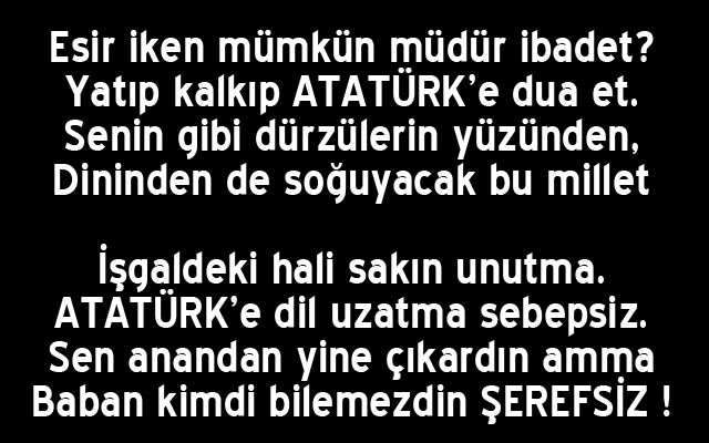İşgaldeki hali sakın unutma,
Atatürk'e dil uzatma sebepsiz.
Sen anandan yine çıkardın amma,
Baban kimdi bilemezdin şerefsiz

Mutlu Çelik

#TürkiyeLaiktirLaikKalacak 
#ŞevkiYılmazTutuklansın