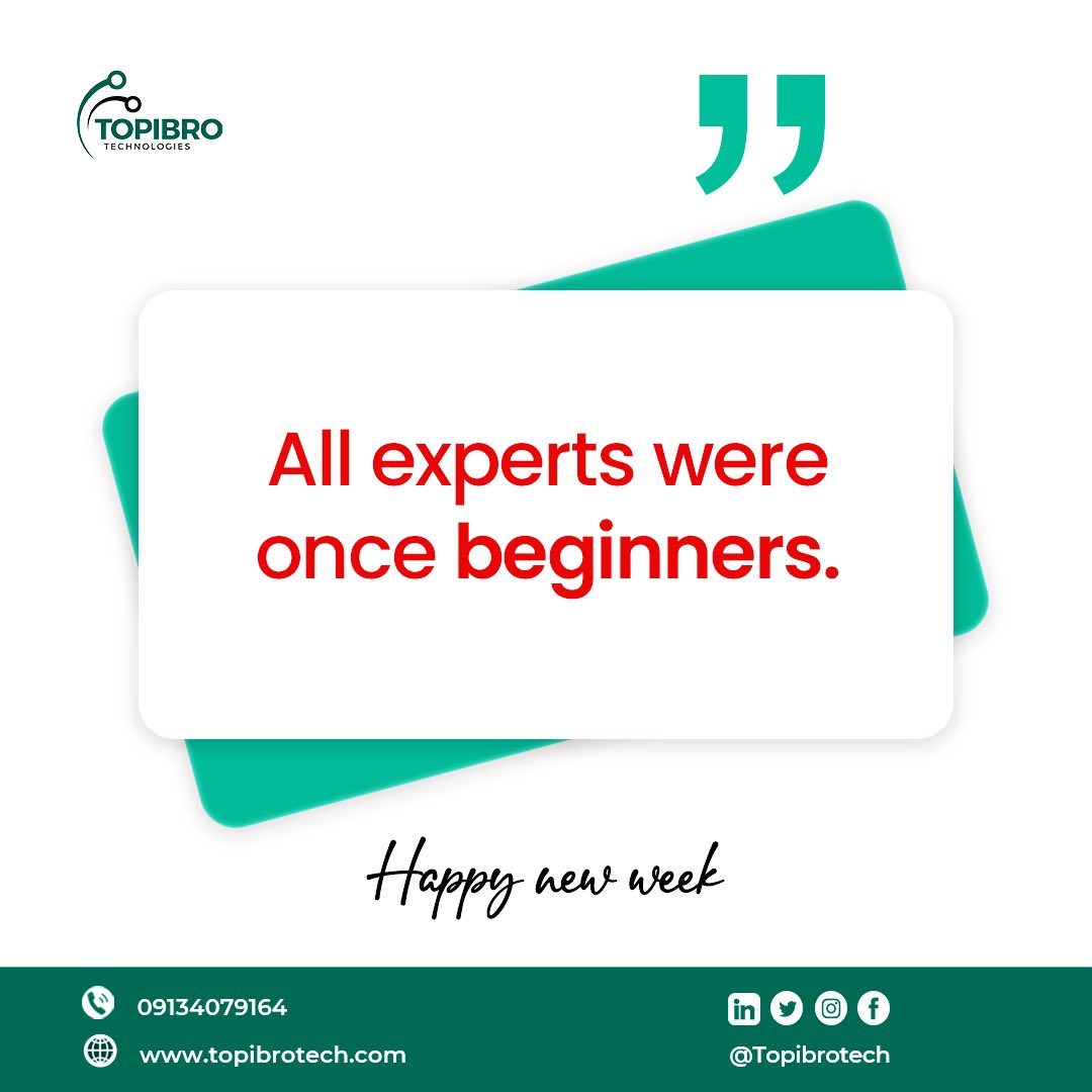 New week:

All expects were once beginners

#topibrotechnologies #TechInnovation #FutureTech #DigitalTransformation #InnovateWithTech
#TechSolutions #CuttingEdgeTech #SmartTechnology #TechLife #TechCommunity
#TechEnthusiast #TechTrends #GadgetGeek #TechLifestyle #TechObsessed