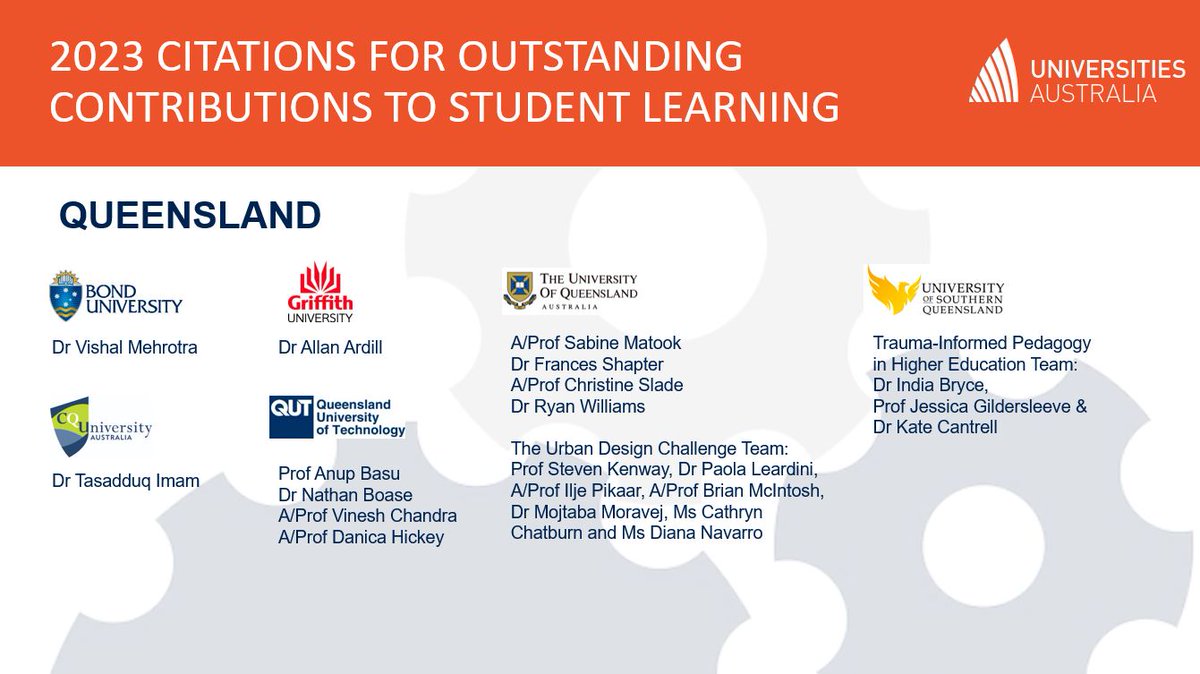 📢 Well done to the QLD recipients of the 2023 #AAUT Citations for Outstanding Contributions to Student Learning: 👏 @BondUniversity 👏 @CQU 👏 @Griffith_Uni 👏 @QUT 👏 @UQ_News 👏 @unisqaus