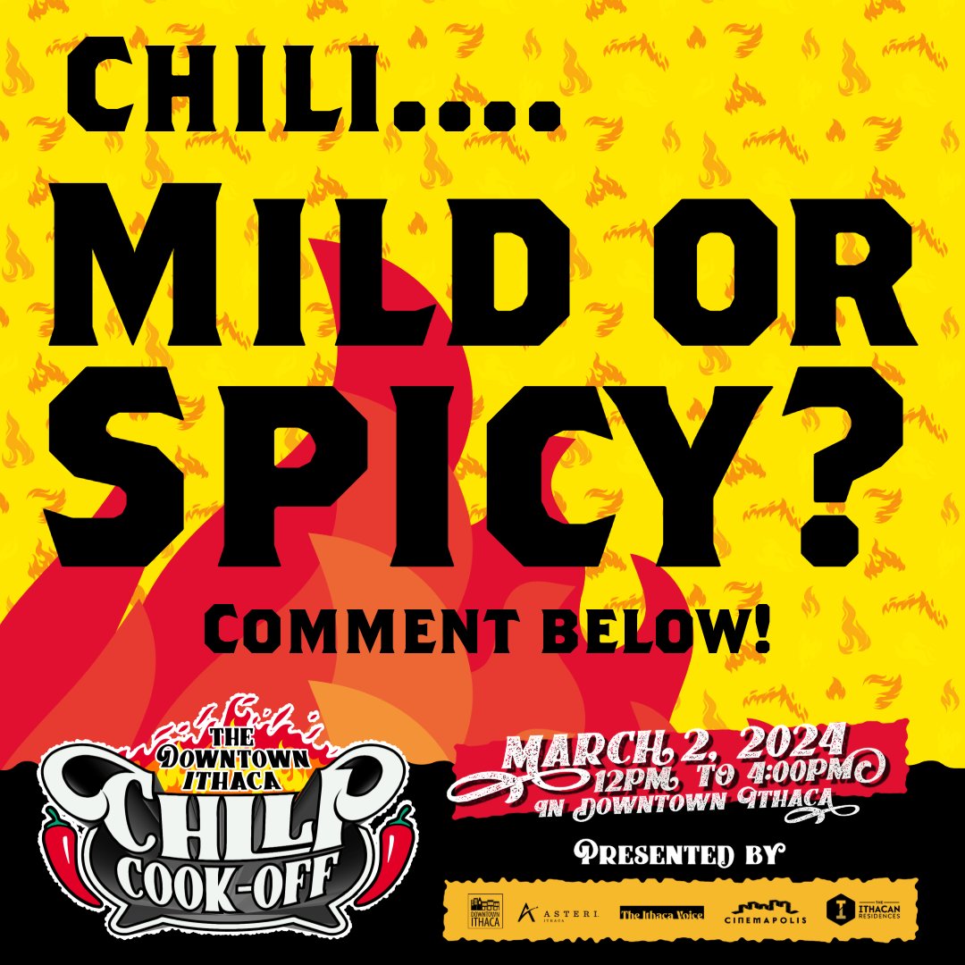 Mild or Spicy? Where do you stand when it comes to your chili?🌶️Share your thoughts with us! For more info about the event head to these links below
bit.ly/ChiliIthaca 
Pre-order your tickets 
bit.ly/ChiliTickets20… 
#whatsnewithaca #downtownithaca #ChiliChallenge