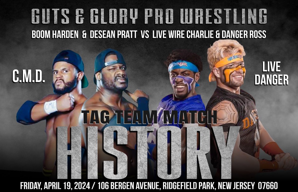 🚨 MATCH ANNOUNCEMENT 🚨 #CMD one of the most critically acclaimed Tag Teams of the Northeast scene make their Guts and Glory debut. Also stepping up to the mound, Jersey's own up and coming dynamic duo Live Danger. Friday April 19th at the Mecca 👇 ticketstripe.com/HISTORY