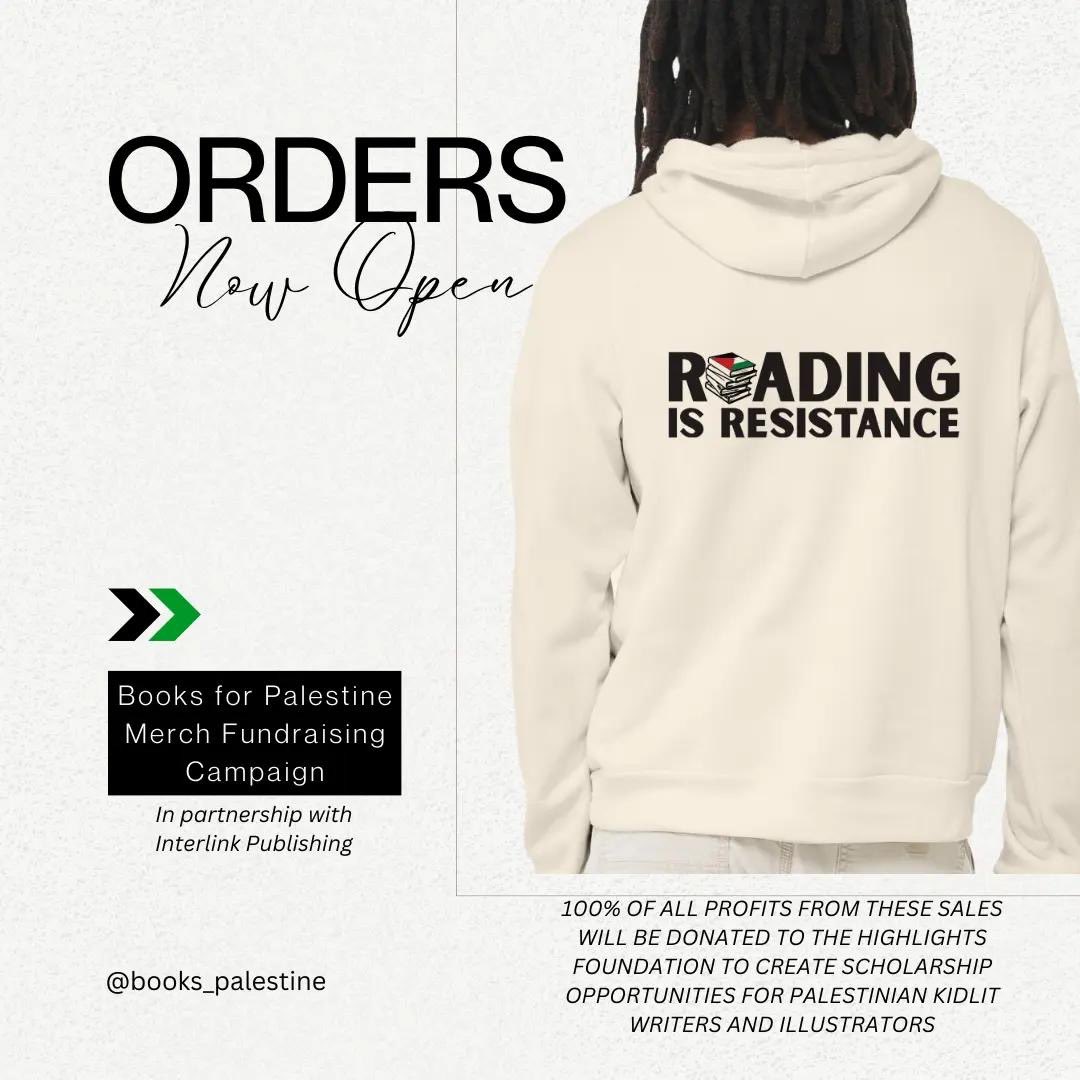 books_palestine's tweet photo. We are extremely proud and excited to announce Books for Palestine’s official “Reading is Resistance” merch campaign in partnership with @InterlinkBooks to raise funds to support the career growth of Palestinian storytellers in North America. This campaign will run through 3/24. https://t.co/i5jtzjWQqV