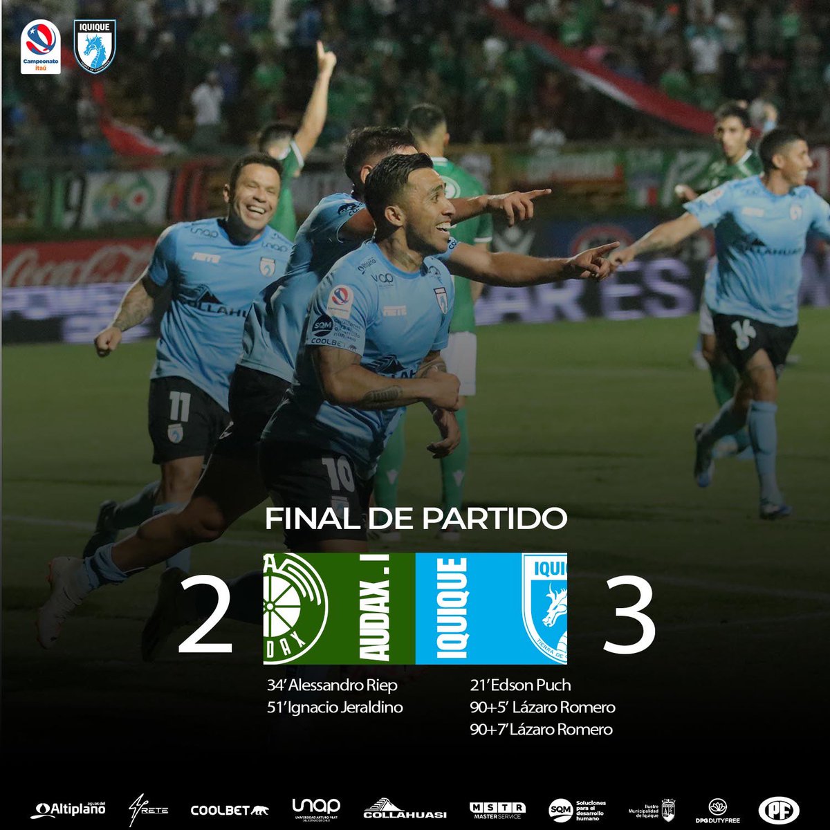 ClubDIquique's tweet photo. ¡FINAL! ¡TRIUNFO A LA IQUIQUEÑA!

Empezamos el #CampeonatoItau con tres puntos increíbles, luchados hasta el final. Puch y Romero (2), anotaron. ¡VAAAMOS, IQUIQUE!

#VamosDragones🐲 https://t.co/HWYdvSrygO