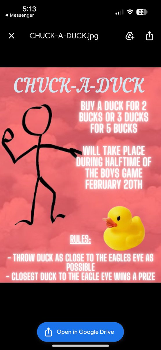 Join us February 20th at the basketball game for a fundraiser to help offset the cost of new eagle mascot costumes.  Buy a duck for $2 or 3 for $5 and at halftime, toss it to the eagle at half court from the bleachers. The closest duck to the eagle’s eye will win the prize!