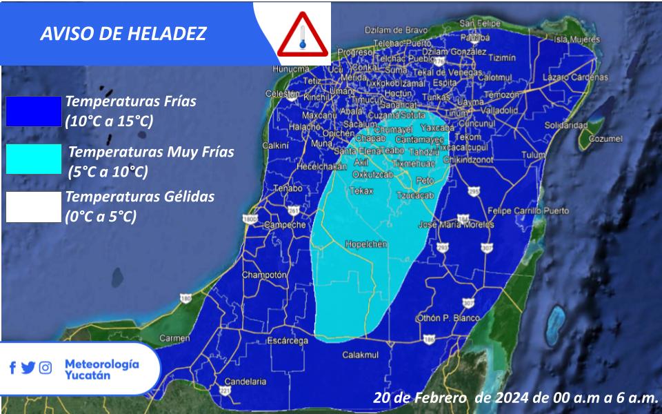 ClimaYucatan's tweet photo. AVISO DE HELADEZ ❄️🥶

Para esta noche y amanecer de este martes se esperan temperaturas de frías (10 °C a 15 °C) a muy frías (5 °C a 10 °C) en zonas señaladas de los estados de  #Yucatán #Campeche y #QuintanaRoo.

En el resto de la región las temperaturas se ubicarían entre los 15 °C y 20 °C (Frescas).
¡Abríguense bien! 🧤🧣

Más info aquí:
https://t.co/xRxiARn1Rk