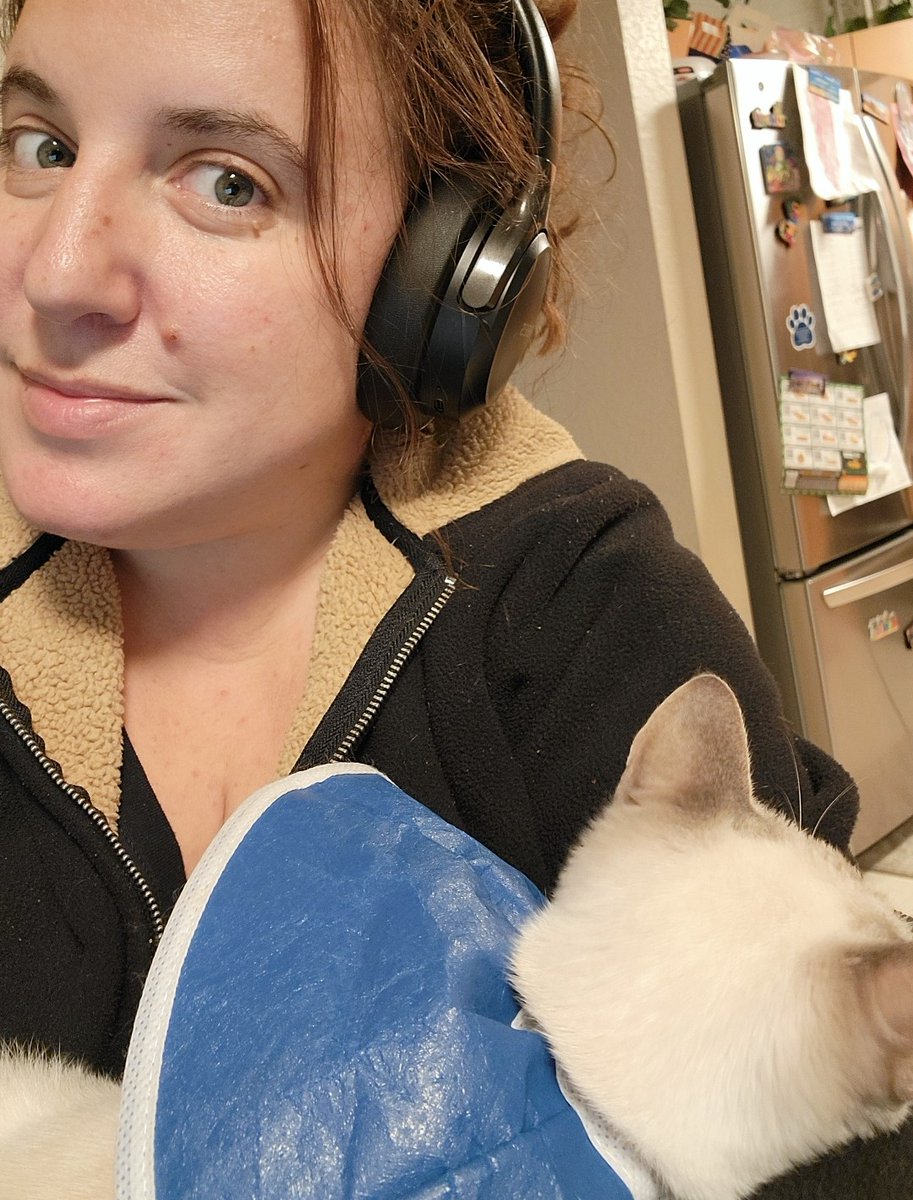 Aessedia87's tweet image. My little cone kitty needing mommy snuggles. Don't mind my messy refrigerator! I put every single piece of artwork from my child on our fridge. 🤣 #TryingToWrite #WritingLife