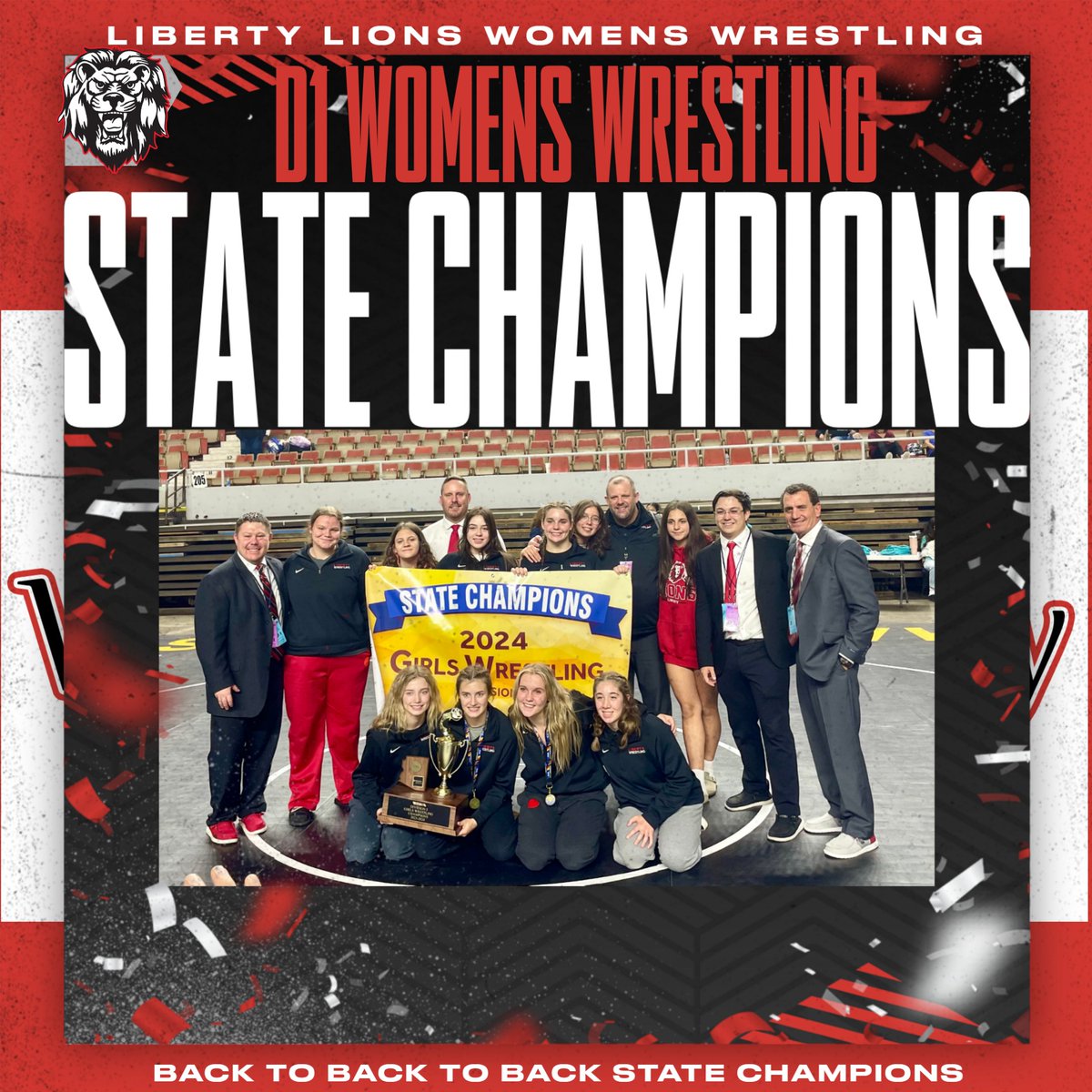 Congratulations Coach Brenton and Coach Miller and the Liberty Women's Wrestling team on your 3rd consecutive State Championship!  These ladies battled all weekend to lock down the title on Saturday night in the finals matches against rival Sunnyside.  #WeAreLiberty <a href="/LWC_Program/">LIONS WRESTLING CLUB</a>