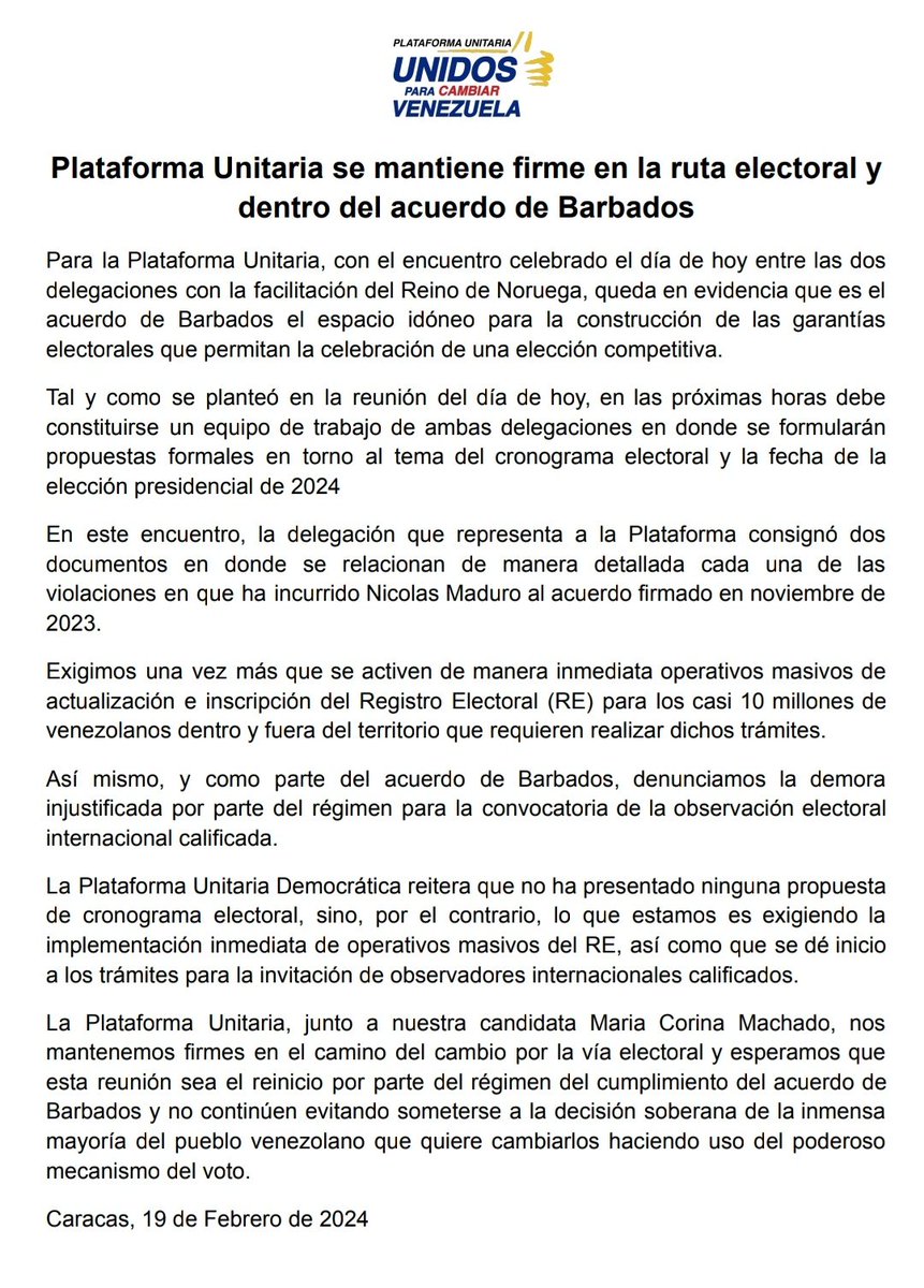 Para la Plataforma Unitaria, con el encuentro celebrado el día de hoy entre las dos delegaciones con la facilitación del Reino de Noruega, queda en evidencia que es el acuerdo de Barbados el espacio idóneo para la construcción de las garantías electorales que permitan la