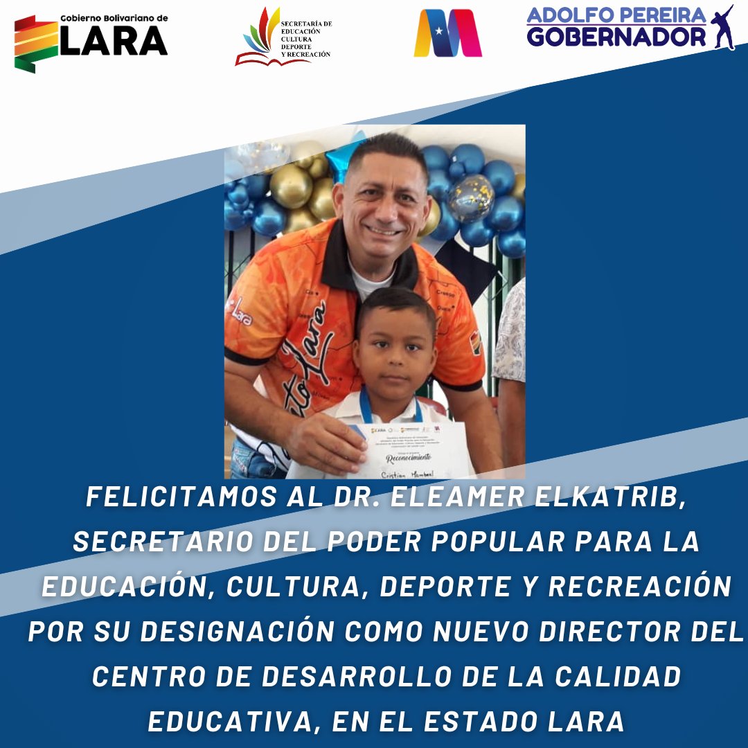 Educacionlara's tweet photo. #19Feb La Secretaría de @Educacionlara felicita al Dr. Eleamer Elkatrib por su designación como Director del @cdcelara por medio de resolución emanada por el @MPPEDUCACION
🇻🇪 #PuebloMaduroQueAvanza https://t.co/ozsL05KI3h