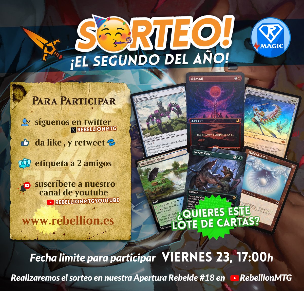 📣 ¡EL SEGUNDO SORTEO REBELDE DEL AÑO! 📣

¡Sigue estos pasos y participa! ⤵️

🔹síguenos 
🔹haz RT
🔹etiqueta a 2 amigos
🔹suscríbete a nuestro canal de youtube:
👉 youtube.com/c/RebellionMTG…

Participación limitada sólo a España
Sorteo viernes 29 feb, en la Apertura Rebelde #18