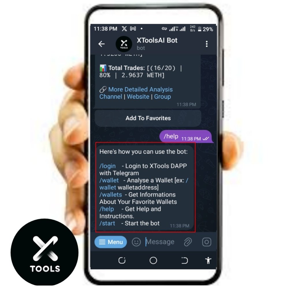 Enicrypt5400's tweet photo. By adding several wallets to favourite on this bot, you will continue to receive instant notification of buy and sell orders placed through them. 

To get a list of other command prompt please  use /help to display them on your screen. 

#XTAI #XToolsAI #ETH #AI $XTAI https://t.co/1hEB0vLpUS