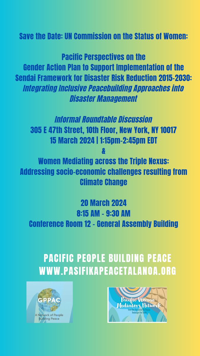 We are gearing up for #CSW68 tx to support from @dfat @GlobalFundWomen & @GPPAC ! Stay tuned for details of our events w @STPCoalitionPac @noelenen @veenasingh @UNDRR_AsiaPac @UNDRR @UN_Women @wrdhub @ItalyUN_NY @MWM_Network @UNDPPA 
@lotupasifika @diva4equality #WomenForPeace