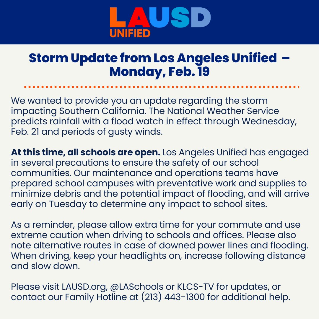Storm Update from Los Angeles Unified - Monday, Feb. 19