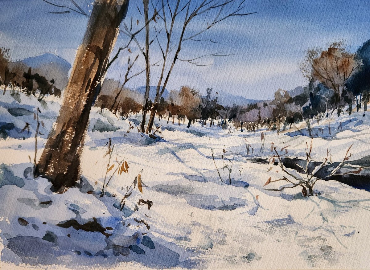教室デモ①です。今年はこれを機に雪描き納めかな。#スケッチ #透明水彩 #水彩画 #風景画 #雪景色 #写生 #watercolour #watercolor #landscapepainting #snowlandscape #sketch #aquarelle
