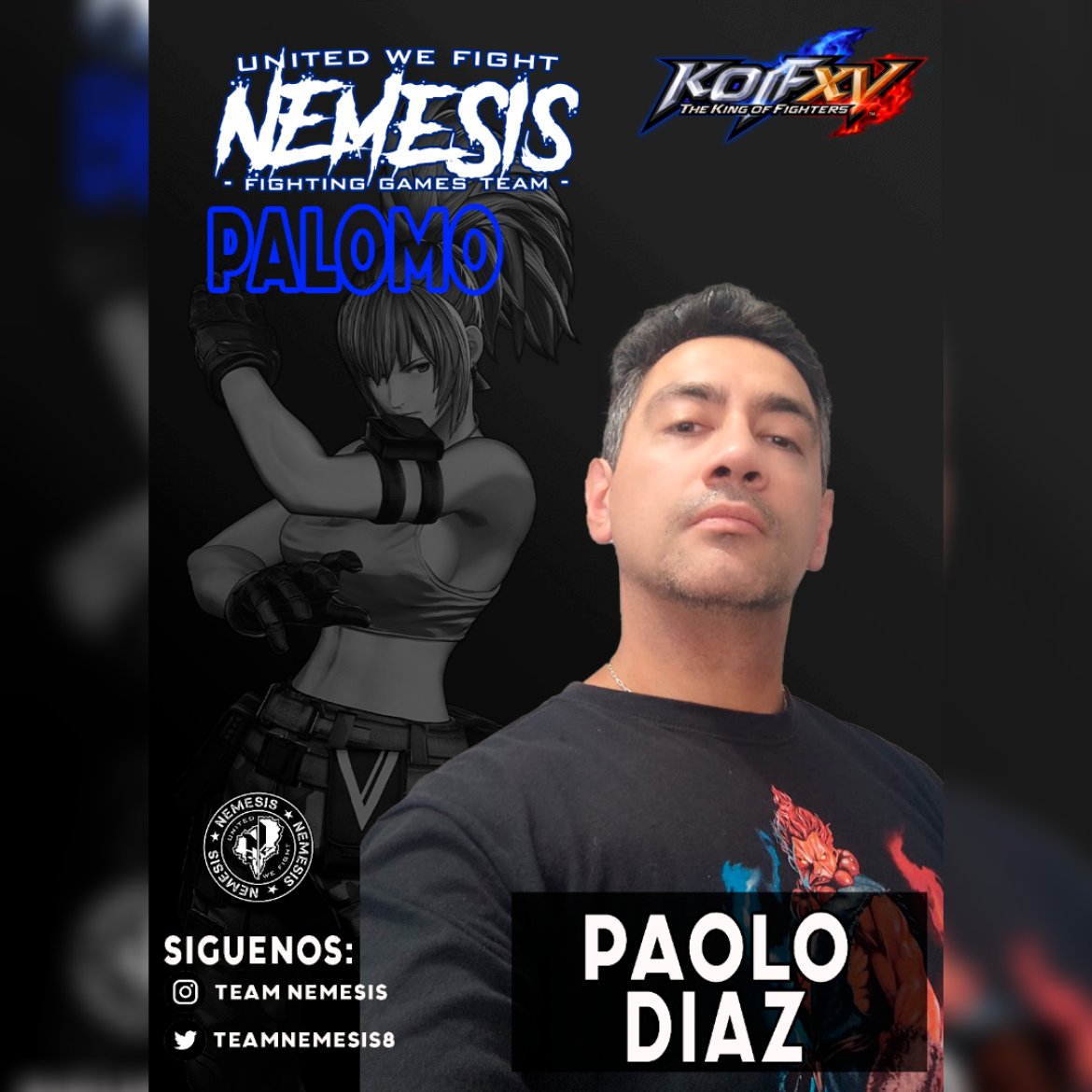 Nos complace informar nuestro nuevo jugador #Palomo quien se incorpora como player de #KOF.

Le deseamos muchos éxitos 💪🏻, feliz que sea compañero de nuestro team 🖤.

Familia Nemesis 👏🏻.

#KOFXV.