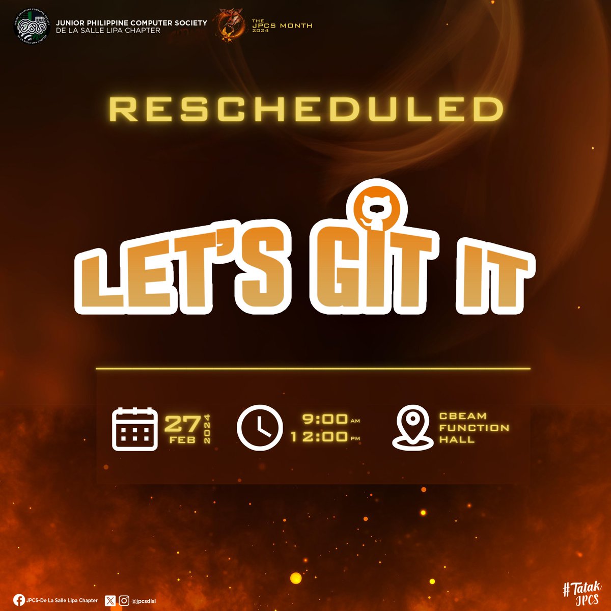 jpcsdlsl's tweet photo. Watch out tributes!
Please be reminded of the following changes:
• Let’s GIT IT seminar will be RESCHEDULED on FEBRUARY 27, 2024 having the same venue and scheduled time.
• JPCS-RELATED GAMES will be RESCHEDULED on MARCH 5, 2024 having the venue announced soon.
We apologize— https://t.co/ZDBLJiv5iN