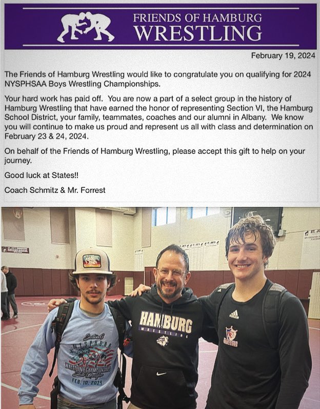 Best of luck to Sam & @EVBRAUNEY, from the Friends of Hamburg Wrestling! Thank you to all that have helped support the Friends of Hamburg Wrestling, so that we can continue to support our wrestlers and our program! @WrestleHamburg