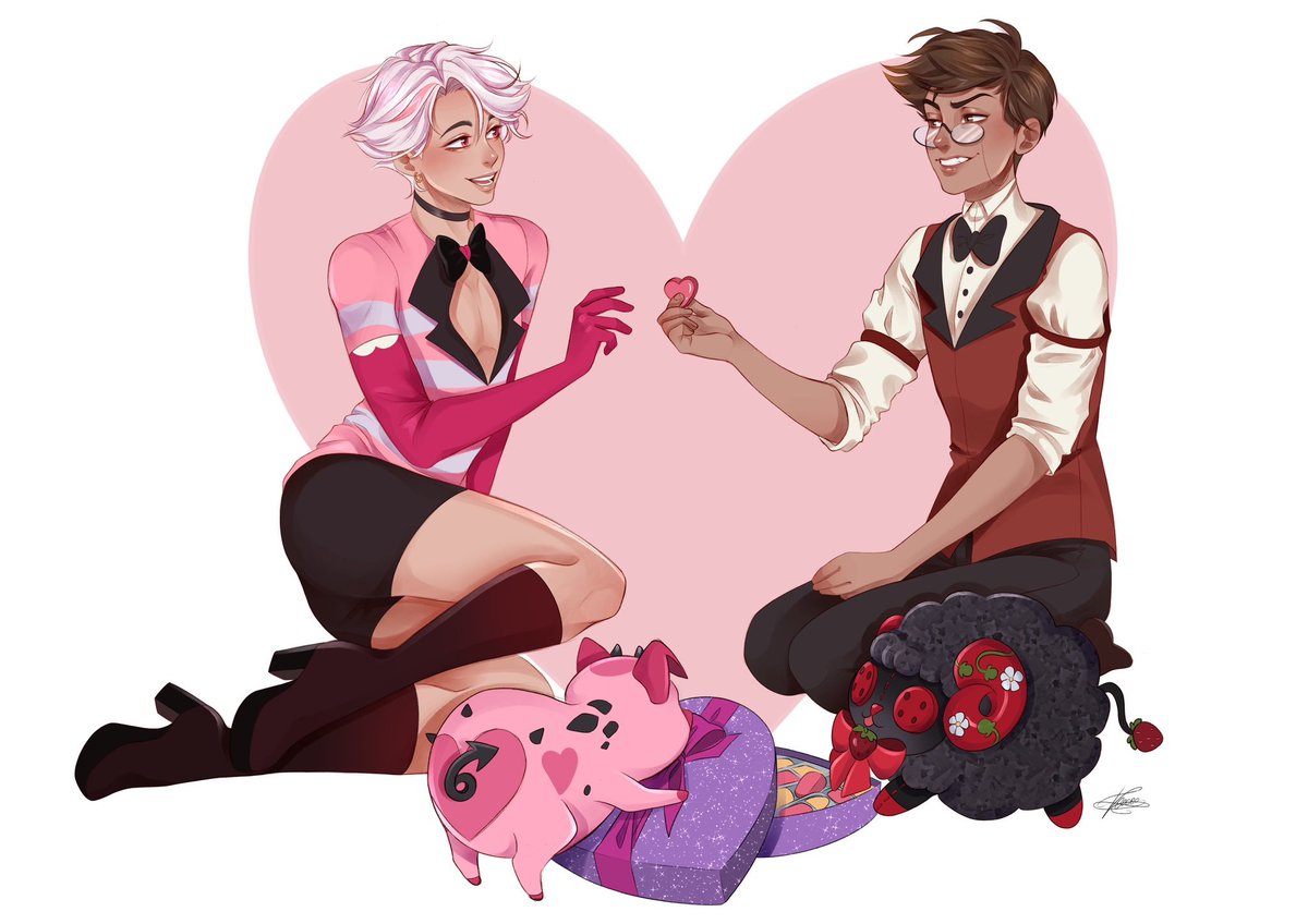 Mercurial_Missy's tweet photo. just got back this gorgeous Valentine's #RadioDust comm from @PatriziaCocco7! i love it sm, thank you! Al needs to get a move on before Mer and Nuggs eat all the treats he brought for Angel😂
#HazbinHotelFanart #HazbinHotelAlastor #HazbinHotelAngelDust #HazbinHotelOC #FatNuggets https://t.co/6rrSG6nDUt