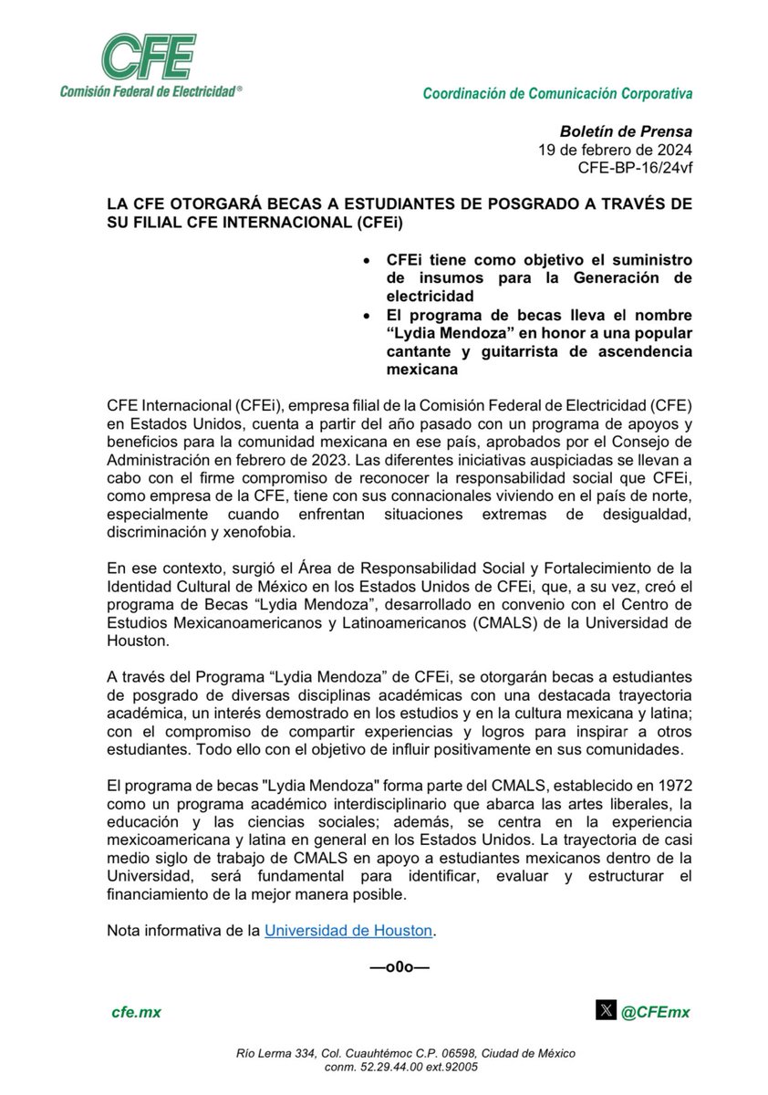 #OrgulloCFE | La CFE otorgará becas a estudiantes mexicoamericanos de posgrado a través de su filial CFE Internacional. shorturl.at/uFIM3