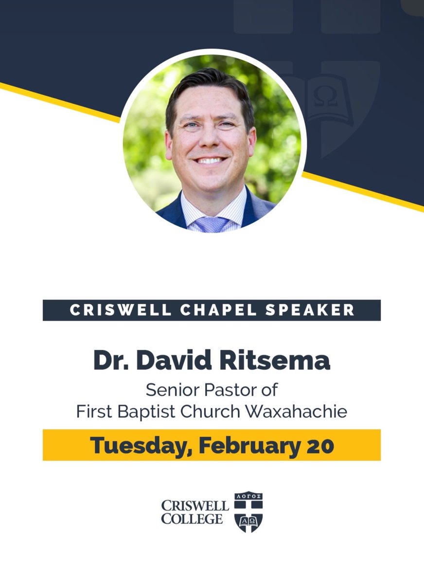 I’m looking forward to hosting Dr. <a href="/davidritsema/">David Ritsema</a> at <a href="/CriswellCollege/">Criswell College</a> tomorrow!