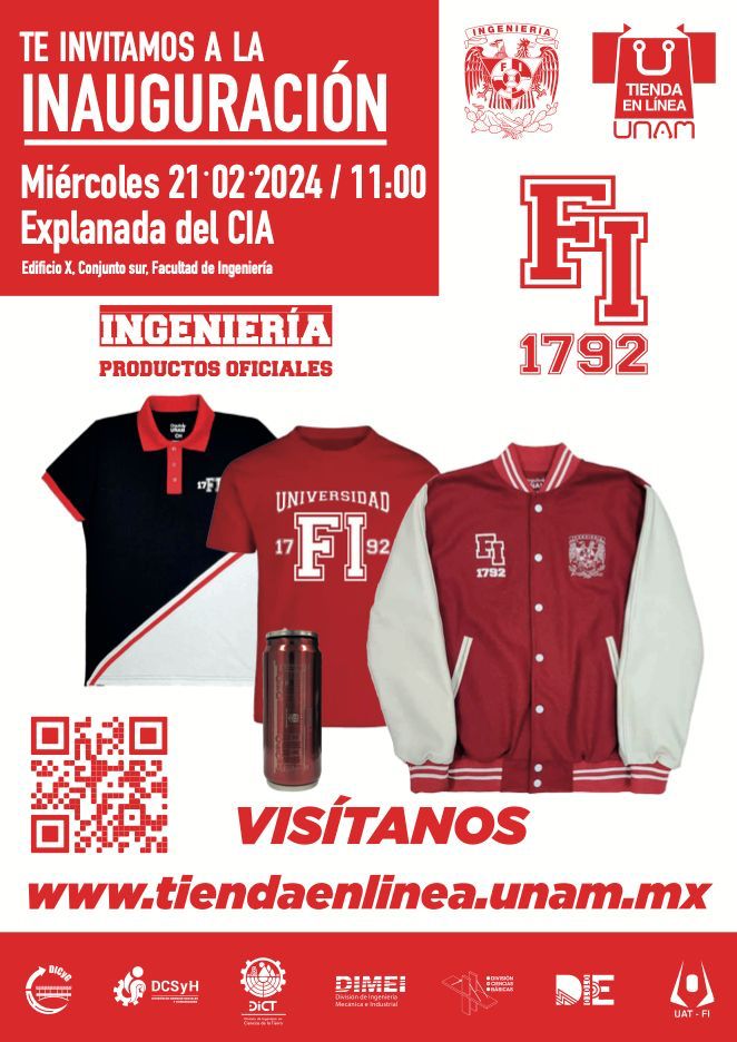 FIUNAM_MX's tweet image. Porta con orgullo y estilo los colores de la FI. 🤍❤️
¡No te pierdas el lanzamiento de los productos oficiales en la Tienda en Línea de la #UNAM!
📆21/02
⏰11:00
📌Explanada del CIA de la #FIUNAM.
@TiendaUNAM @DIMEIFIUNAM @die_fi_unam @DICT_FIUNAM @dicyg @uatUnam @SocialesyHum_FI