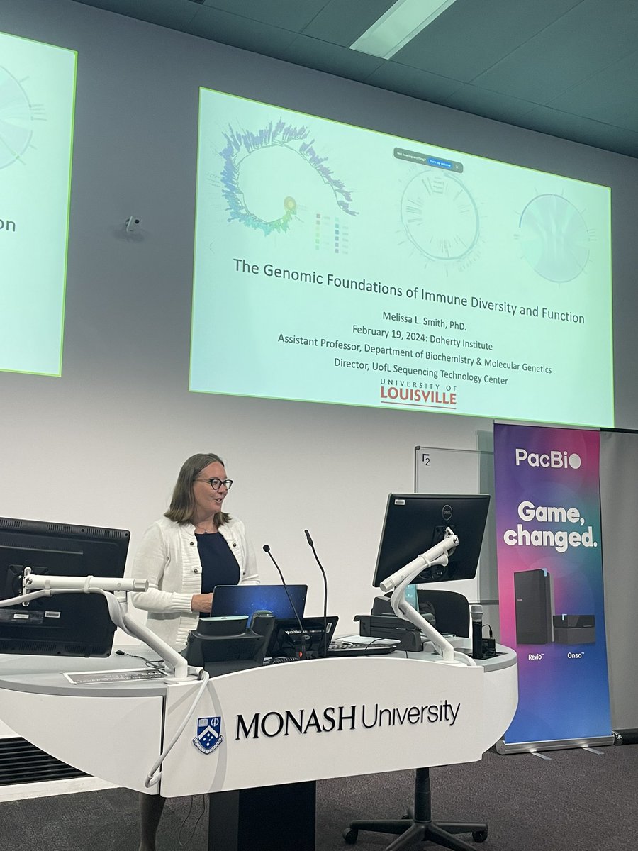 Hearing from Dr Melissa Smith @SmithLab_UoL, a new appreciation of the expansive nature of allelic variation in immune antigen receptors… things are getting complicated… <a href="/PacBio/">PacBio</a> <a href="/MonashBDI/">Monash Biomedicine Discovery Institute</a> #seminar #genomics #bcellsarecool #tcellsarecool
