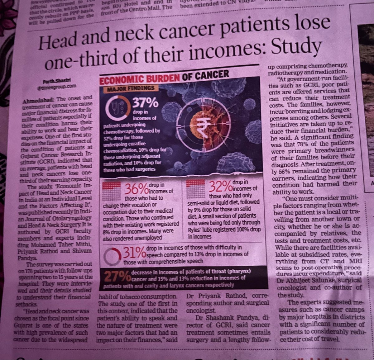 Dr Abhijeet Ashok Salunke (@bonestumor) on Twitter photo *A study by GCRI Ahmedabad published in Times of India 20 th Feb 2024*
*Head and neck cancer patients lose one-third of their incomes: Study
<a href="/DrPriyankRatho1/">Dr. Priyank Rathod</a>
<a href="/angryoldman27/">Dr Shivam 'da'</a>
#gcri
#cancer
#Ahmedabad
#oralcancer
#surgery *A study by GCRI Ahmedabad published in Times of India 20 th Feb 2024*
*Head and neck cancer patients lose one-third of their incomes: Study
<a href="/DrPriyankRatho1/">Dr. Priyank Rathod</a>
<a href="/angryoldman27/">Dr Shivam 'da'</a>
#gcri
#cancer
#Ahmedabad
#oralcancer
#surgery