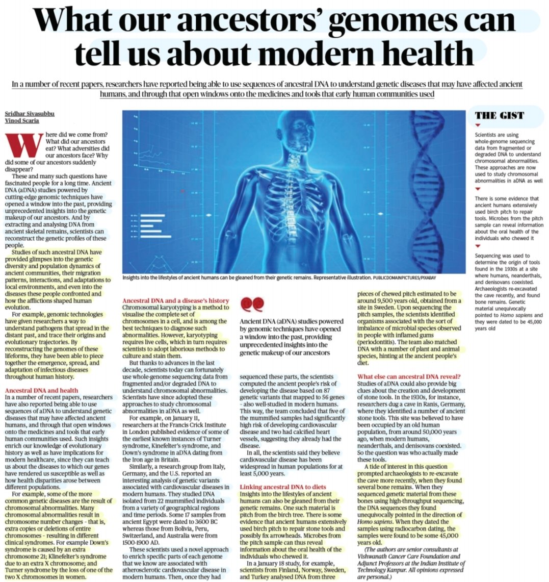 'What our Ancestor's Genomes can tell us about Modern Health'
:Explaind by Sh Sridhar Sivasubbu & Sh Vinod Scaria
@sridharsivasubb @vinodscaria 

#AncestralDNA #aDNA #DNA #genetics #disease #medicine #GenomeSequencing #ChromosomalKaryotyping 
#Health #healthcare 

#UPSC
Source:TH